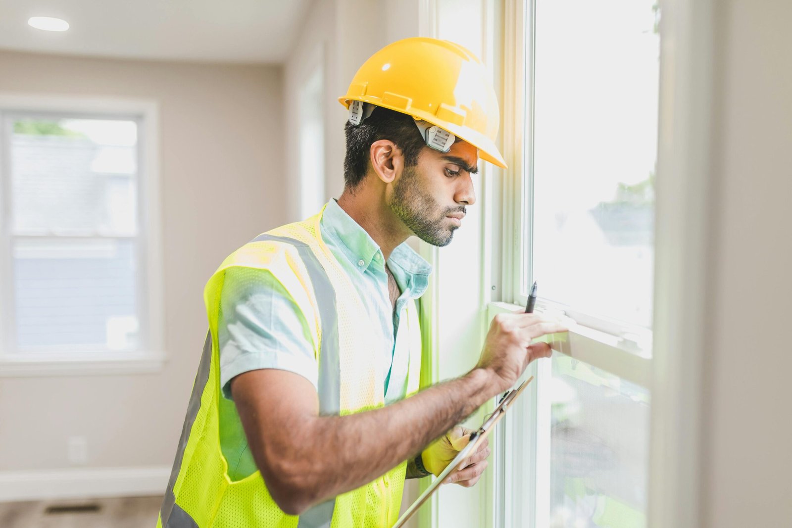 Construction worker with hard hat and vest inspecting window indoors, side view.